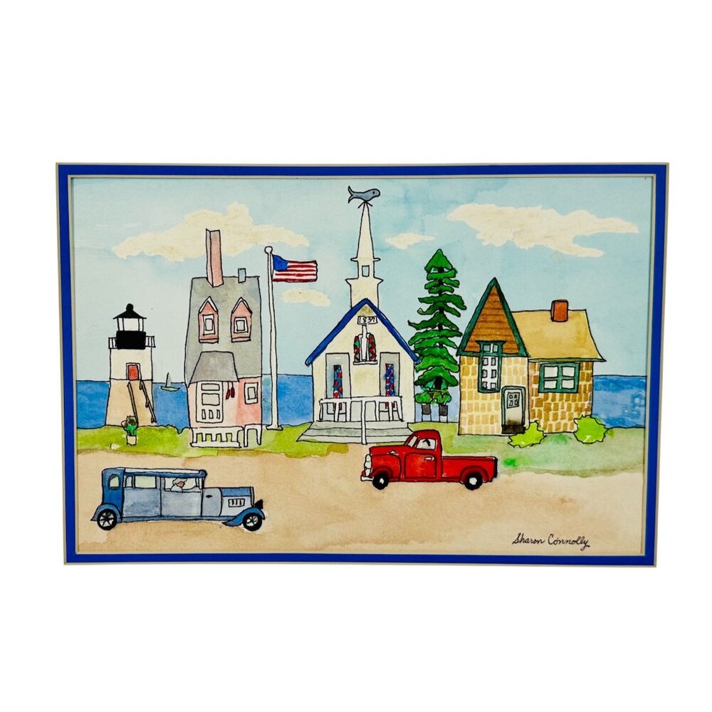 Hand-Painted Coastal American Town Scene Watercolor Art By Sharon Connolly 15” x